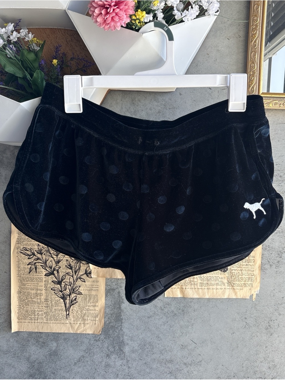 PINK Victoria's Secret Black Velour Polka Dot Lounge Shorts